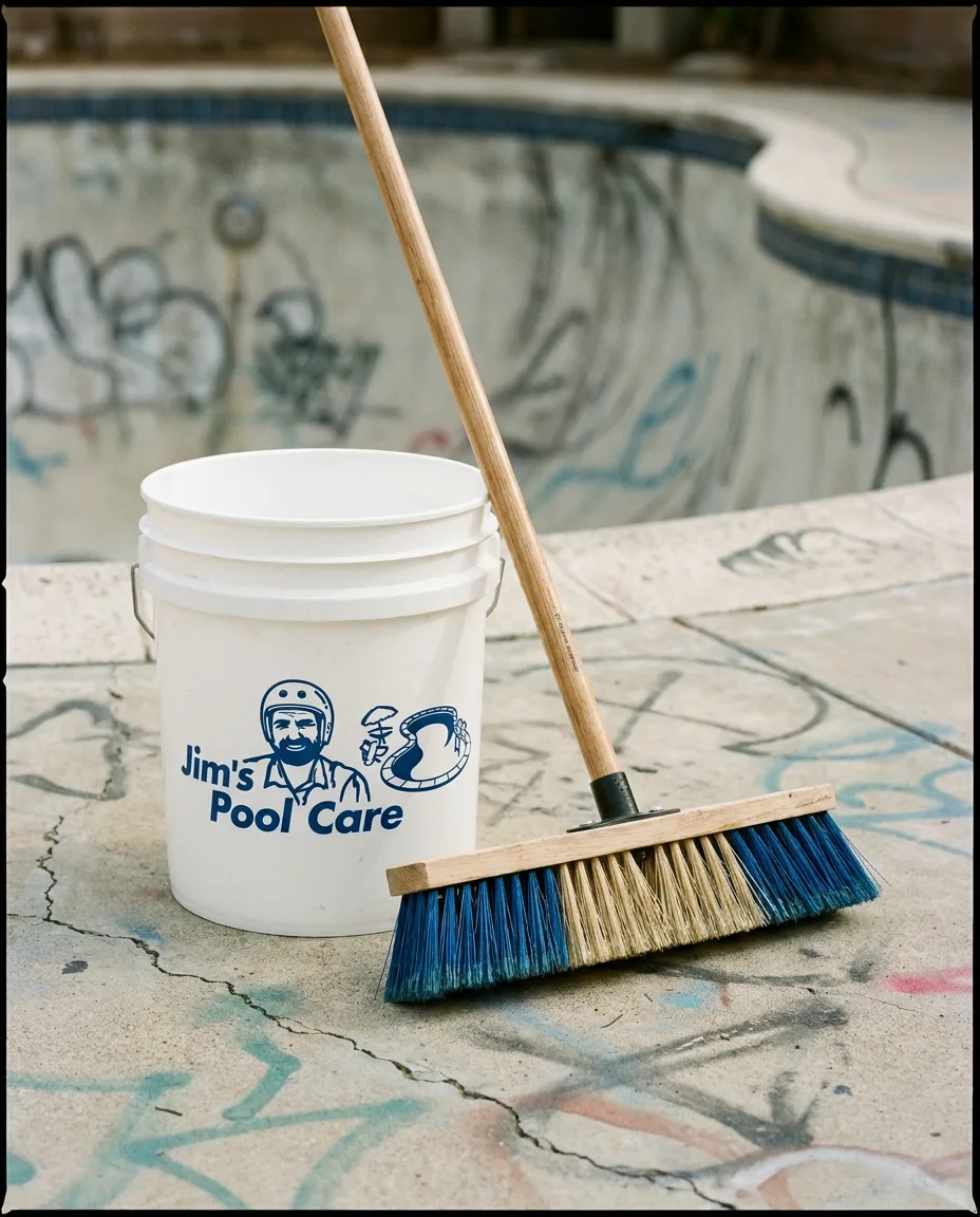 Stiff bristle broom packed with the branded 20 litre bucket, on the pool deck