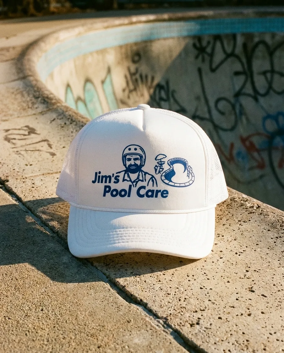 Five panel trucker cap, foam front with blue mesh back, on the pool coping