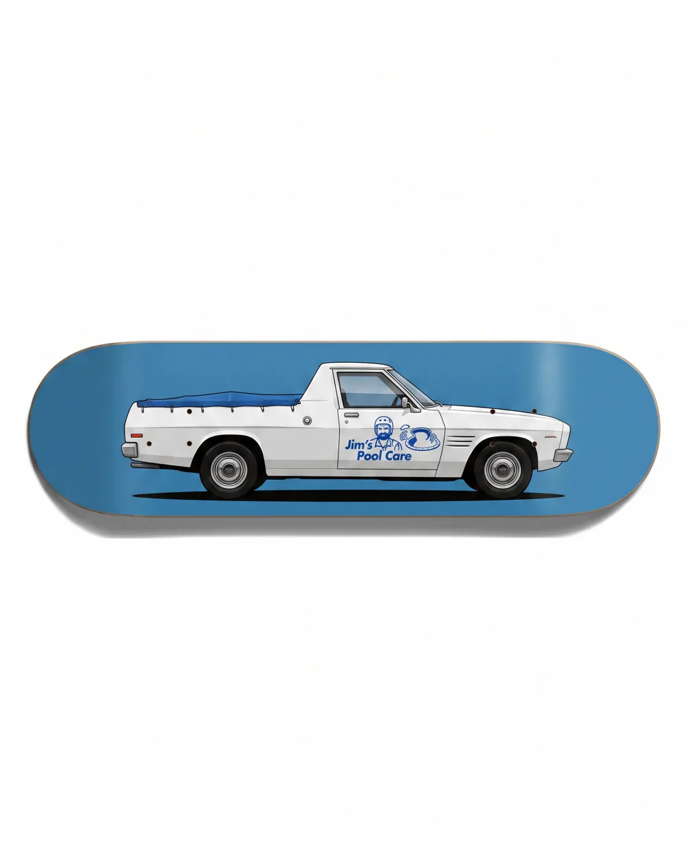 8.5 inch pool shape deck with the Jim's Pool Care ute graphic on blue