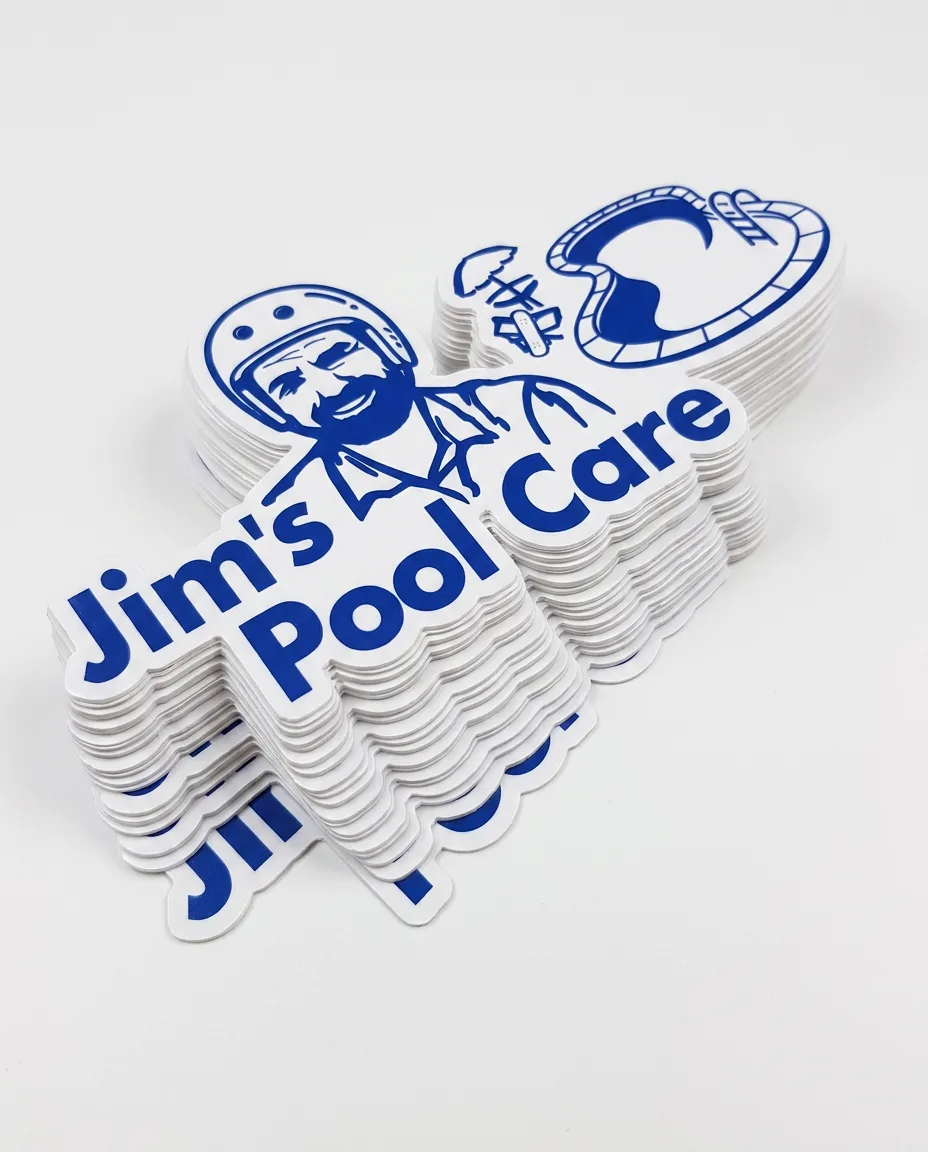 Stack of eight die-cut vinyl Jim's Pool Care stickers