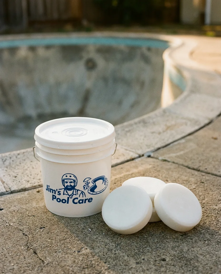 Four hard-pour curb wax pucks beside a branded bucket on the pool coping